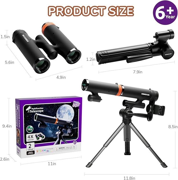Science Can Binoculars for Kids & Beginners - 3 in 1 Portable Telescope with Adjustable Tripod & Phone Support,16X Magnification for Outdoor Exploration, Science Kit for Boys Girls 6-12 Years Old