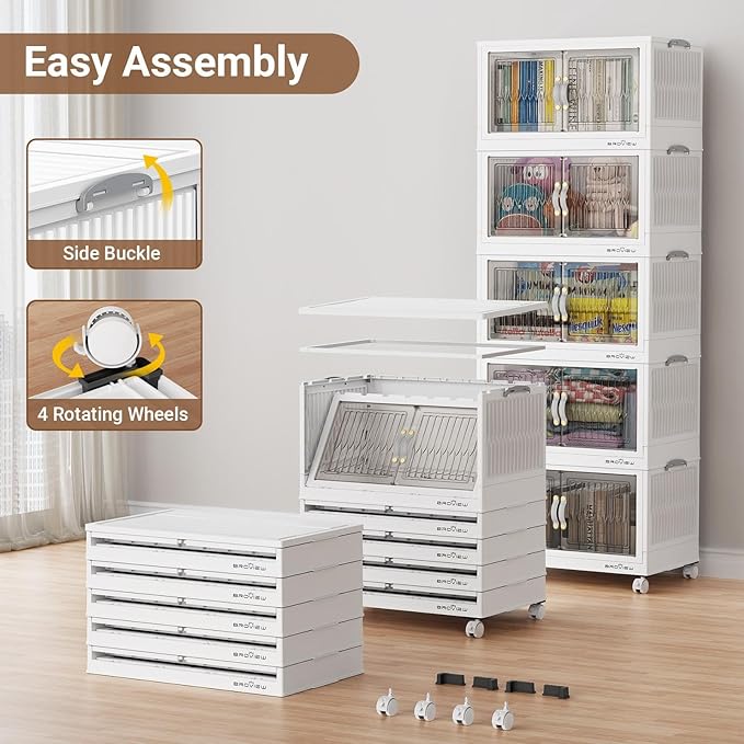 BROVIEW 240Qt Stackable Storage Bins with Lid, Extra Large Closet Organizer Collapsible Drawer Boxes with Wheels, Folding Plastic Cabinet Containers for Home Kitchen Room Organization, 3Pack White