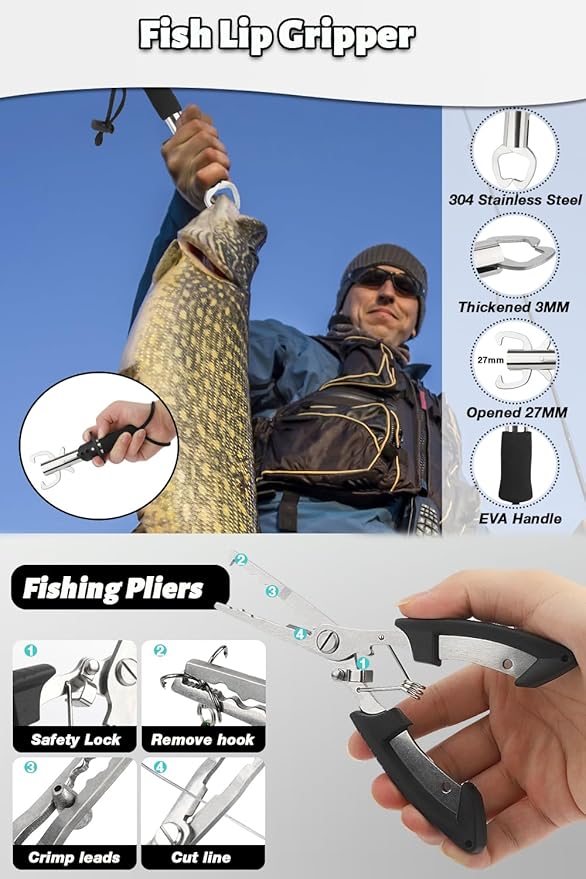 Fishing Pole Combo Set, 6.89ft Fishing Rod and Reel Combo, Carbon Fiber Telescopic Fishing Rod Kit with Spinning Reel, Fishing Pliers, Lip Gripper, Line, Lures for Beginner Angler