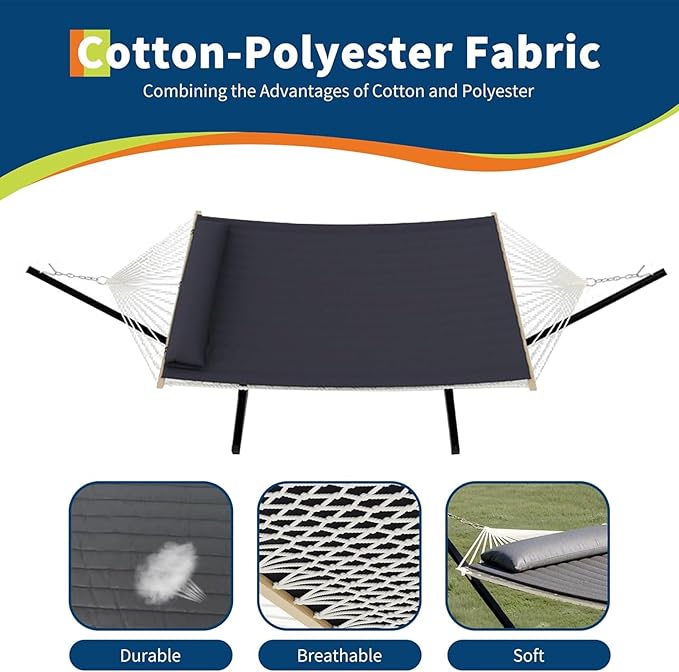 Double Hammock with Stand for 2 Persons Outdoor,Heavy Duty 450lb Capacity,with Portable Steel Frame,Cotton Rope,Polyester Pad and Carry Bag,Perfect for Garden Camping Beach Backyard Patio