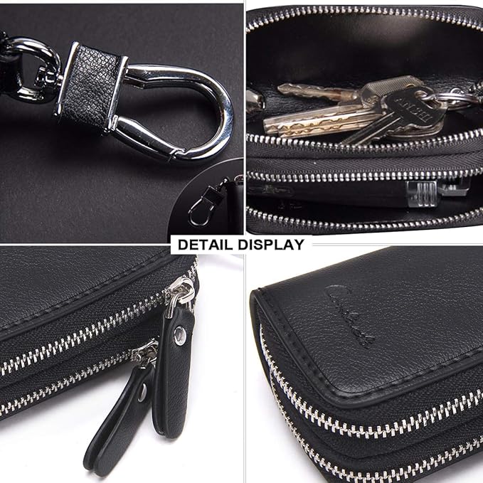 CONTACTS Car Key Case Small Leather Double Zipper Key Holder with 4 Keyrings Keys Organizer for Men Women