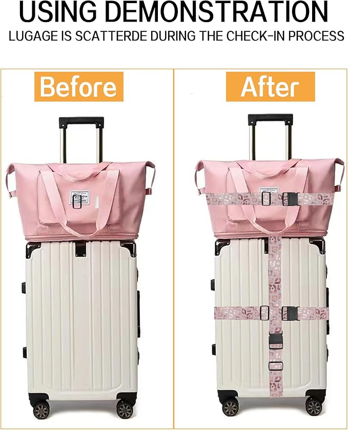 Luggage Straps for Suitcases, Adjustable Travel Belt, Durable Wide Luggage Strap, Cute Suitcase Strap Identifiers with Buckle, Bag Straps for Luggage, Glitter Pink Leopard