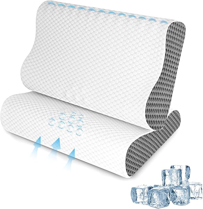 Cooling Pillows Queen Size Set of 2, Memory Foam Bed Pillows for Sleeping, Ergonomic Cervical Pillow for Neck and Shoulder Pain Relief, with Pillowcase（Grey）
