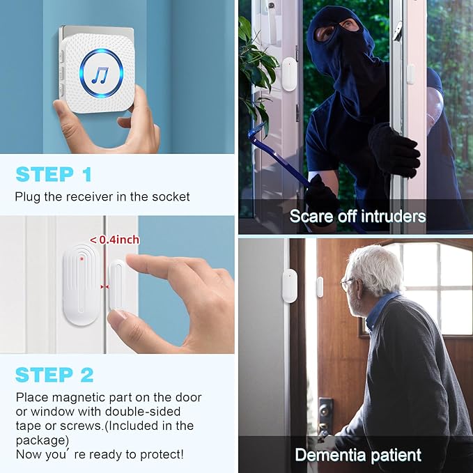 SanJie Door Chime, Door Open Contact Sensor Alarm with 500 FT Range,26 Chimes 5 Adjustable Volume for Business/Store/Home/Office When Entering 2 Receivers +1 Sensors