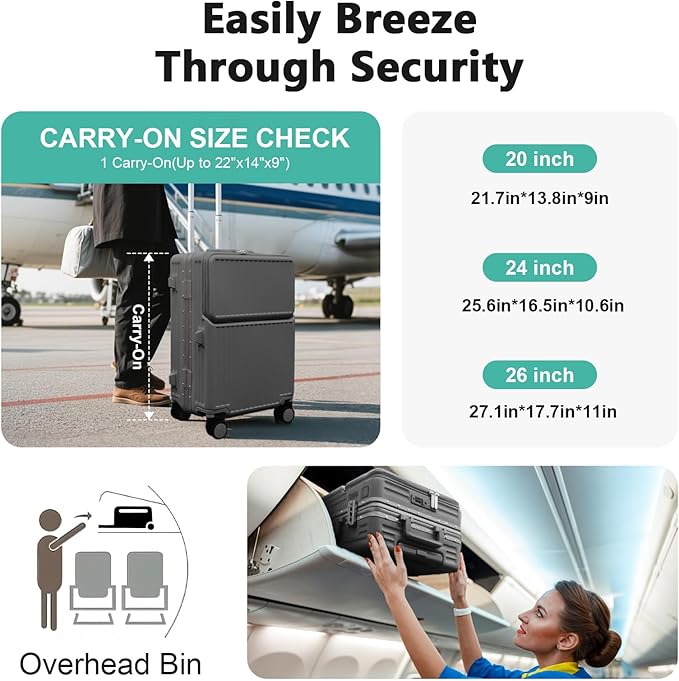 Hard Shell Luggage 24 Inch Travel Luggage, Carry-On Luggage Spinner TSA with Lid, ABS Aluminum Frame，Lightweight Travel Luggage 20'' 24'' 26''Carry-On (upgraded grey, 24 inch)