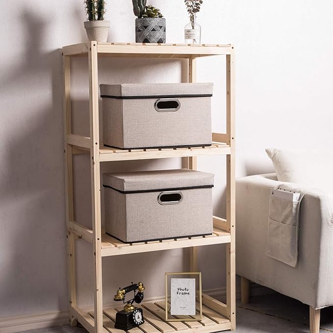 PRANDOM Foldable Storage Bin with Lid [1-Pack] Linen Fabric Decorative Storage Box Organizer Container Basket Cube with Handles Divider for Closet Office Living Room Light Grey(14.9x9.8x9.8)