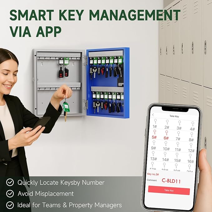 WeHere 32 Key Lock Box Wall Mount, APP Bluetooth/One Time Password Share/Wi-Fi Remote/Fixed Code/Key Unlock, Smart Key Cabinet, Key Organizer Box for Apartment, Home, Office, School Key Manage