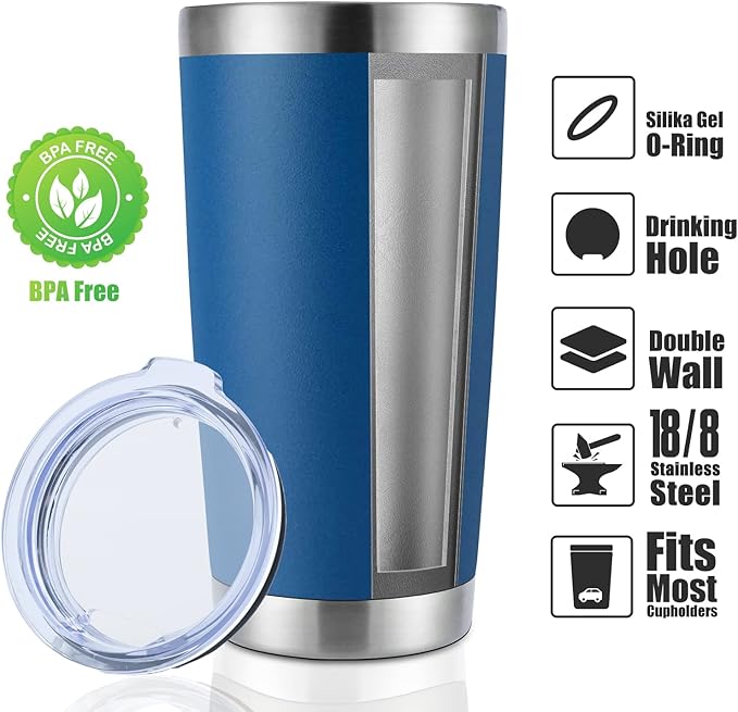 DOMICARE 20oz Stainless Steel Tumbler Bulk with Lid, Double Wall Vacuum Insulated Travel Mug, Powder Coated Coffee Cup, Dark Blue, 12 Pack