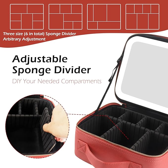 MOMIRA Travel Cosmetic Train Case with Lighted Mirror 3 Color Scenarios Cosmetic Bag Organizer with Adjustable Dividers Makeup Storage for Women, Makeup Accessories & Tools Case Red