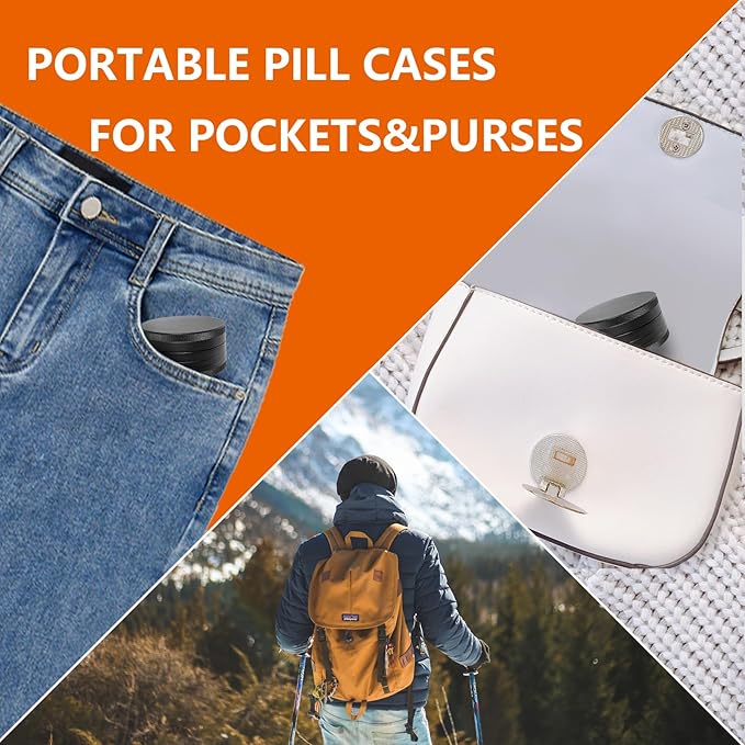 Small Pill Case - Portable Waterproof Small Pill Box for Daily Medicine - Versatile Storage for Travel, Camping, Hiking - Aluminium Alloy Round Container (Black)