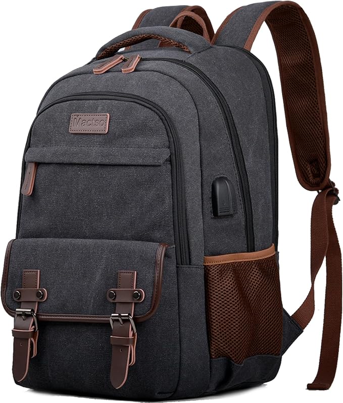 Mactso Canvas Travel Laptop Backpack for Men Women, Business Work Rucksack College Computer Bag Fits 17.3 Inch Notebook,Bookbag with USB Charging Port (Black, 17.3 Inch)