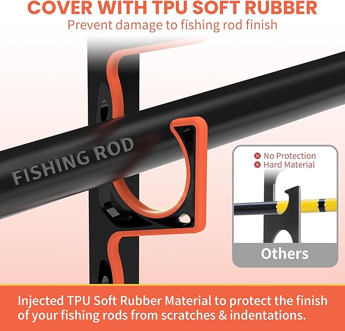 Fishing Rod Holder for Garage, H5 Wall or Ceiling Mounted Fishing Pole Holders with Soft Protective Pad, Fishing Rod Storage Organizer, Horizontal Fishing Rod Wall Mount Nets Storage (8 PACK)