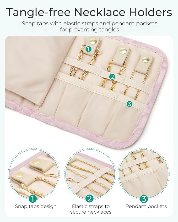 BAGSMART Travel Jewelry Case Organizer, Roll Foldable Jewelry Case for Journey-Rings, Necklaces, Earrings, Bracelets, Brooches, Min, Pink
