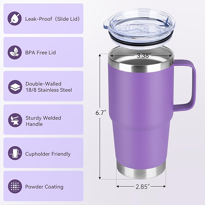 HASLE OUTFITTERS 20oz Tumbler with Lid, Stainless Steel Tumbler with Handle, Metal Insulated Travel Coffee Mug with Handle, Double Wall Vacuum Spill Proof Tumbler Cup, Purple 1 Pack