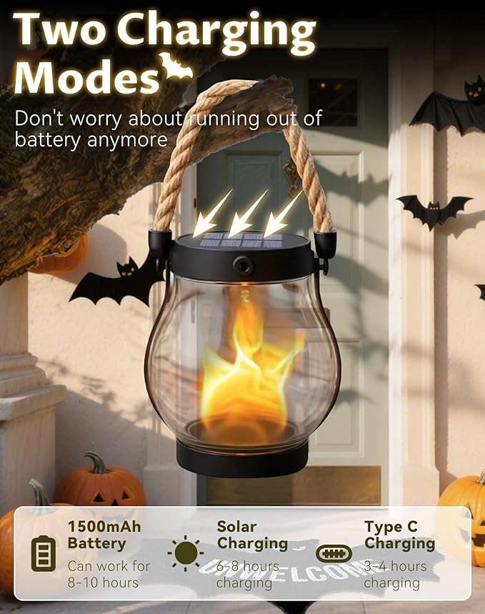 Kaliqo Solar Lantern Outdoor Lights - Official, Waterproof Kaliqo Solar Flame Lights Hangable with Dancing Flame, Hemp Rope Hanging Flame Lanterns,Dual Charging Modes, Smokeless (4 Pack)