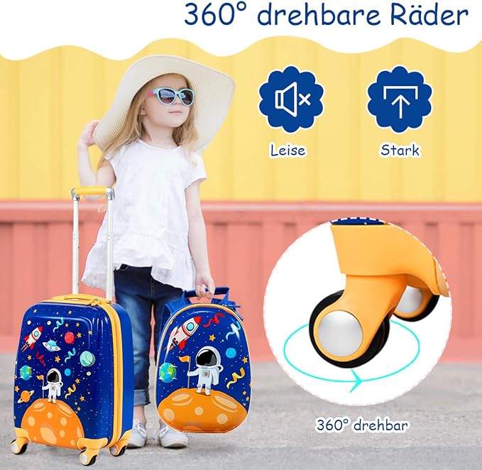 HONEY JOY Kids Luggage, 12" Toddler Backpack & 18" Travel Suitcase with Wheels, Lightweight Toddler Suitcase, Durable ABS Hardshell, 2Pcs Carry On Luggage Set for Boys Girls, Blue Astronaut