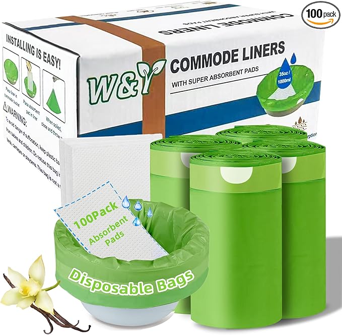 W&Y 100 Pack Commode Liners with Super Absorbent Pads, Universal Fit All Standard Toilet Chair Bucket，Vanilla-Scented Portable Sanitary Bag for Adult Toilets and Camping Toilets（100 Bags+100Pads）