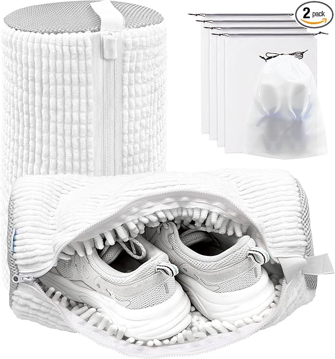 Shoe Washing Machine Bag,Laundry Shoe Bag for Washer and Dryer,Reusable Shoe Cleaning Bag for Sneakers,Tennis Shoes,With Self-locking Zipper, Microfiber Inside,Include Shoes Storage Bag (White(2PC))