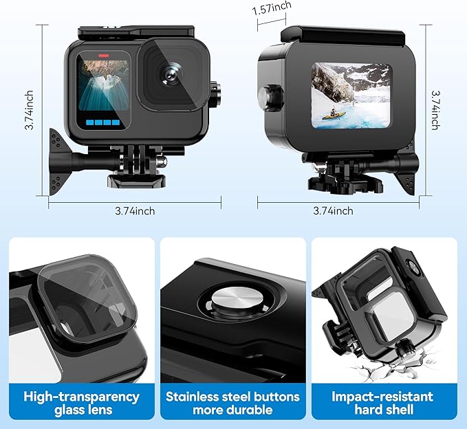 Compatible for Go Pro Hero 13 12 11 10 9 Black Waterproof Housing Case 60M/196FT Protective Underwater Diving Case Shell with Cameras Handle Mount Accessories Kit
