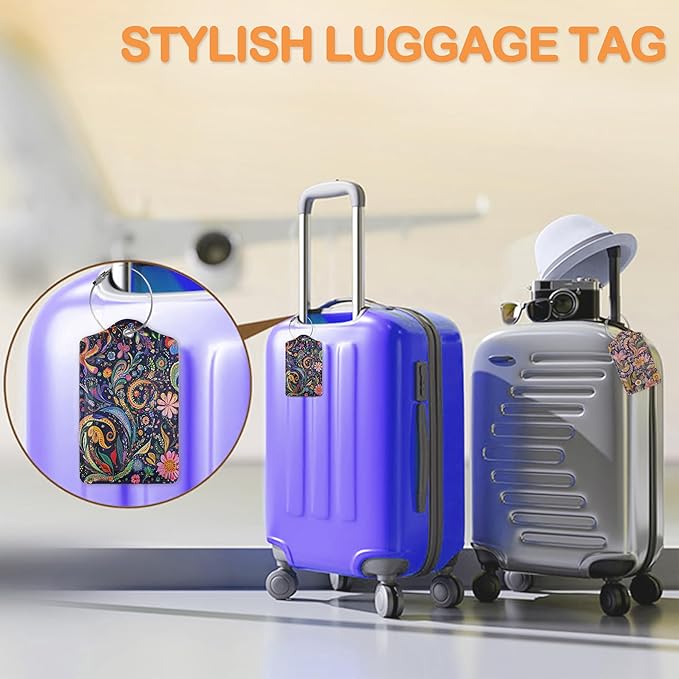Colorful Boho Floral 3 PCS PU Leather Luggage Tags for Suitcase, Luggage Tag with Privacy Flap, Name ID Label and Metal Loop for Women Men Baggage Handbag School Bag Backpack