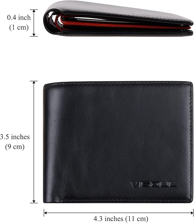 VISOUL Mens Bifold Wallet with 2 ID Windows and 2 Money Compartments, Genuine Leather Designer Wallet with RFID Blocking for Men Two Tone (Black and Burgundy)