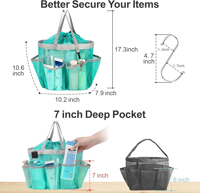 F-color Mesh Shower Caddy Portable with Drawstring - Upgrade Deeper 7 Pockets Dorm Room Essentials for Guys Girls with S Hook, Shower Bag Basket Tote for College Camping Bathroom, 2 Pack Mint Green