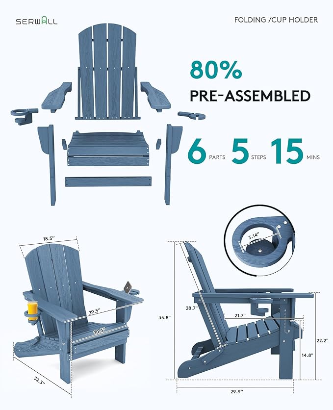 SERWALL Folding Adirondack Chair, HDPE Adirondack Chairs, Plastic Outdoor Chairs- Looks Exactly Like Real Wood- Navy