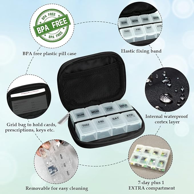 Serfeymi Weekly Travel Pill Organizer Pill Case for Purse with Removable 7 Day Pill Box, Fashionable Travel Medicine Organizer Pill Container for Medicine, Vitamin, Supplement - Black 02