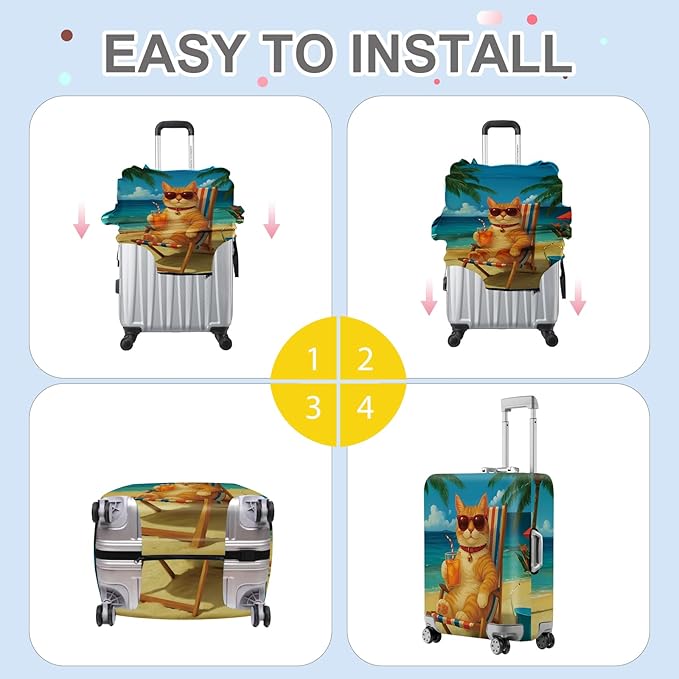 ANNA QUEEN Summer Cat Luggage Cover, Cat in Sunglasses with a Beach Drink, Stretchable, Washable Travel Protector for 32-34 Inch Suitcases