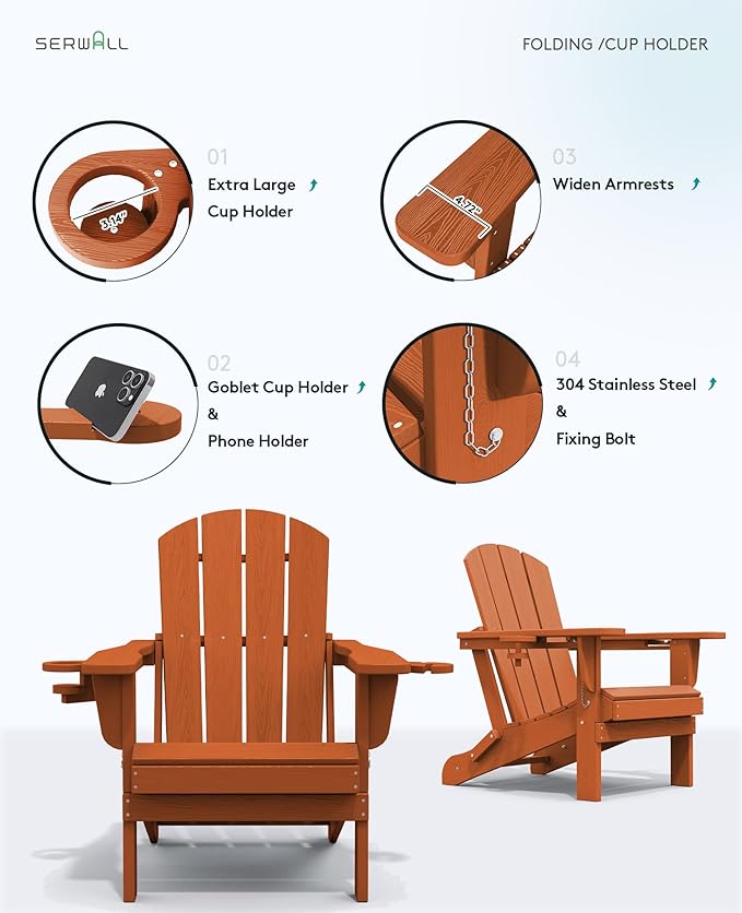 SERWALL Adirondack Chair with Cup Holders - Composite Adirondack Chairs Set of 4 HDPE Outdoor Chairs All Weather Use- Orange