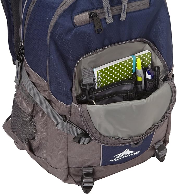High Sierra Loop Backpack, Travel, or Work Bookbag with tablet sleeve, One Size, Sequin Facets/Bluebird/White