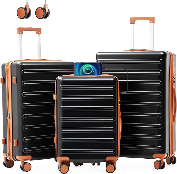 luggage sets 3 Piece with Spinner Wheel,100% PC Material Lightweight Durable,Expandable Carry On Travel Hardside Suitcase sets with TSA Lock for Men and Women (Black+brown)