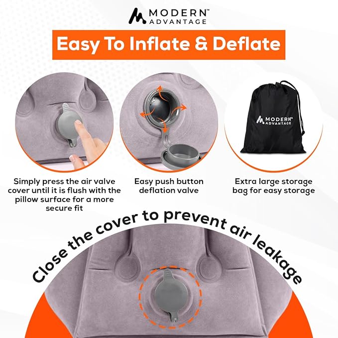Modern Advantage Inflatable Travel Pillow for Airplanes with Adjustable Extra Bottom, Support Head & Chin to Avoid Neck & Shoulder Pain, for Travelling, Office Napping with Eye Mask & Earplug (Grey)