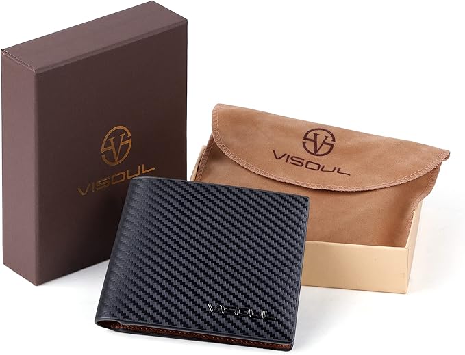VISOUL Leather Mens Bifold RFID Blocking Wallet with 2 ID Windows, Leather Wallet for Men (Carbon Fiber, Black+Brown)