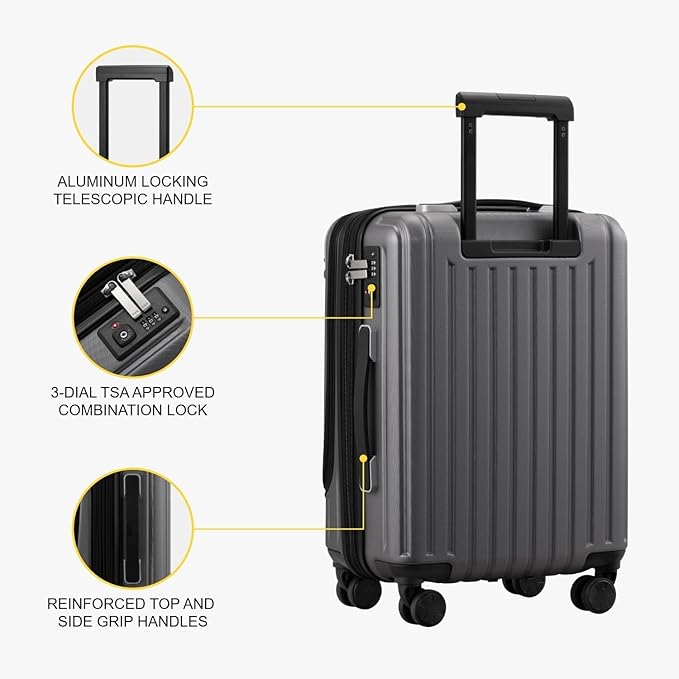 LEVEL8 Grace Carry on Luggage 22x14x9 Airline Approved, 20 Inch Hard Shell Suitcases with Spinner Wheels, Abs+Pc Hard Case Luggages with Tsa Lock, Travel bag for Women Men, Grey
