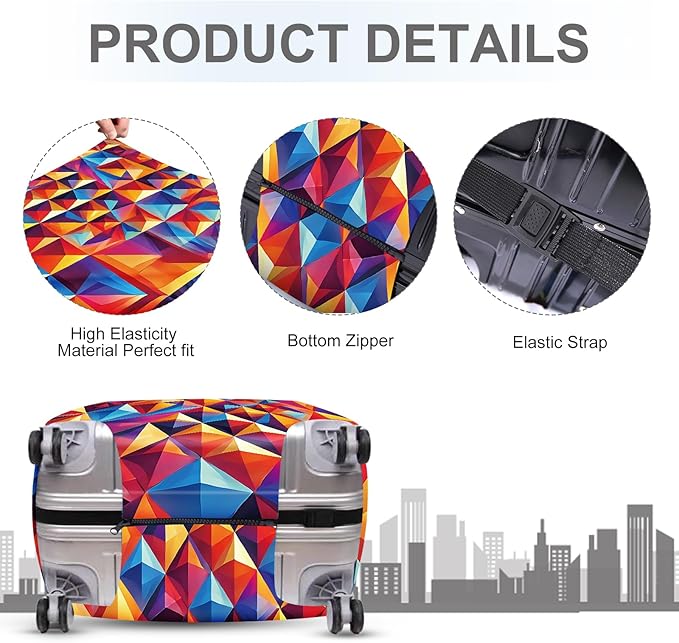 ANNA QUEEN Colorful Geometric Luggage Cover, Abstract Prism Pattern Suitcase Protector, Stretchable, Washable Travel Cover for 24-26 Inch Luggage, Bright, Durable & Eye-Catching