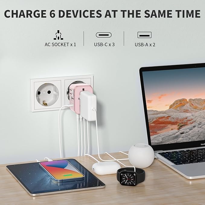 EPICKA Universal Travel Adapter, International Power Plug Adapter with 3 USB-C and 2 USB-A Ports, All-in-One Worldwide Wall Charger for USA EU UK AUS (TA-105C, Pink)