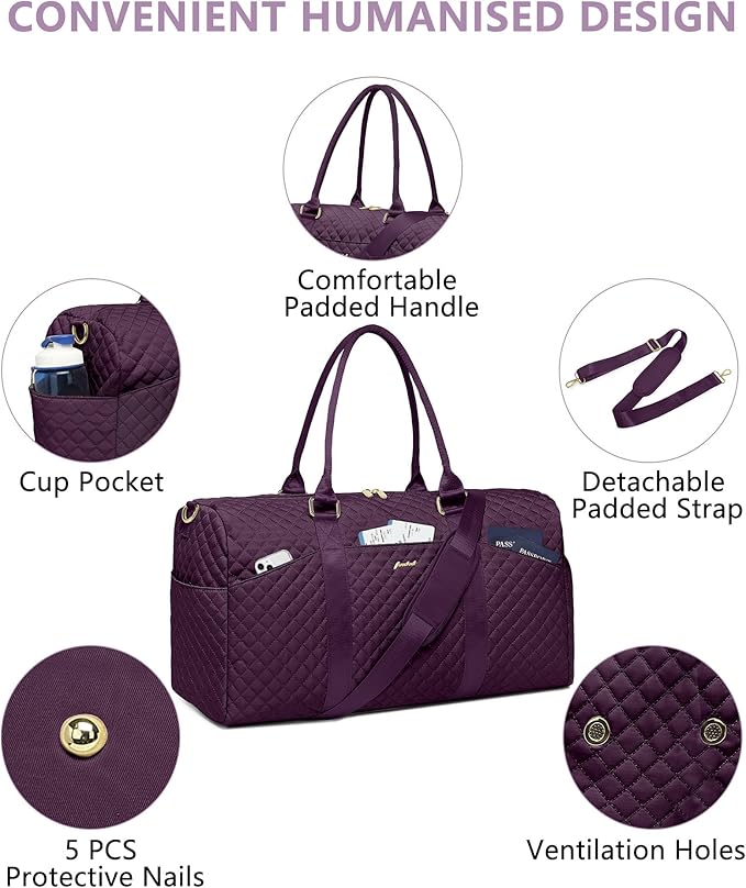Weekender Travel Duffle Bag for Women - Carry on Bag with Shoe Compartment Overnight Bags with Toiletry Bag Wet Pocket Weekend Traveling Yoga Gym Hospital Bags for Labor and Delivery Purple