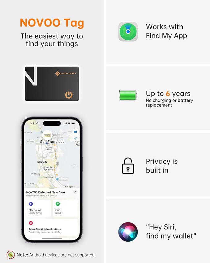 NOVOO Air Locator Tag (iOS Only) Wallet Tracker Card with Find My, Smart Card Bluetooth Tracker, 6 Years Battery, IP68 Waterproof, 1.6mm Keys Finder and Item Locator for Keys, Bags, Passport(2 Pack)