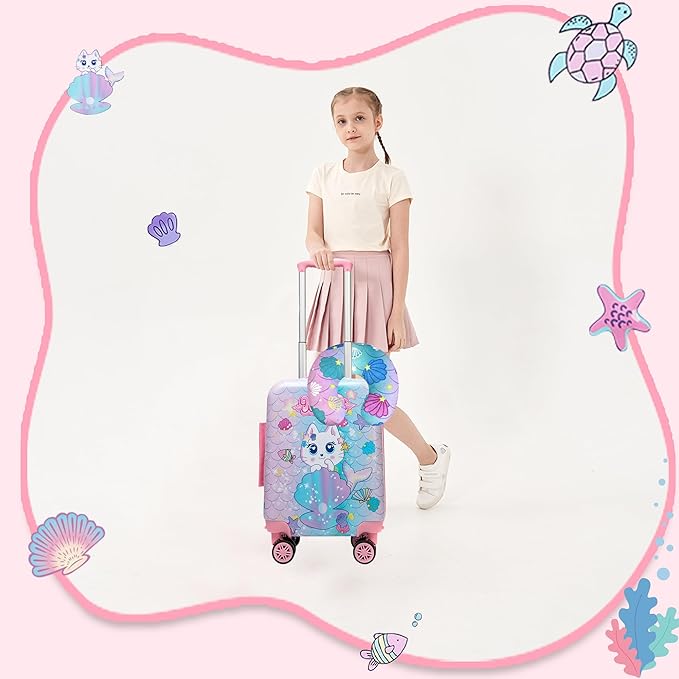 Cute Cat Kid’s Luggage Set 2 Piece Suitcase Set 16" Hardside Luggage with Spinner Wheels Girls Carry on Toddler Travel Rolling Luggage Airline Approved
