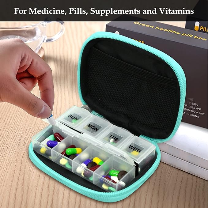 Serfeymi Weekly Travel Pill Organizer Pill Case for Purse with Removable 7 Day Pill Box, Fashionable Travel Medicine Organizer Pill Container for Medicine, Vitamin, Supplement - Bloom 01 + Green 01