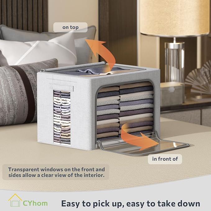 4 Pack Clothes Storage Bins with Metal Frame - Linen Fabric Foldable Stackable Container Organizer Set with Clear Window & Carry Handles & Zippers (Light Grey, 23.6"x16.5"x15.7")