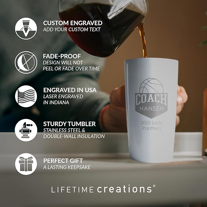 Lifetime Creations Personalized Basketball Coach Tumbler: Custom Basketball Coach Gift, Coaches Coffee Travel Mug from Team, Insulated Engraved Stainless Steel 20 Ounce Cup (White)