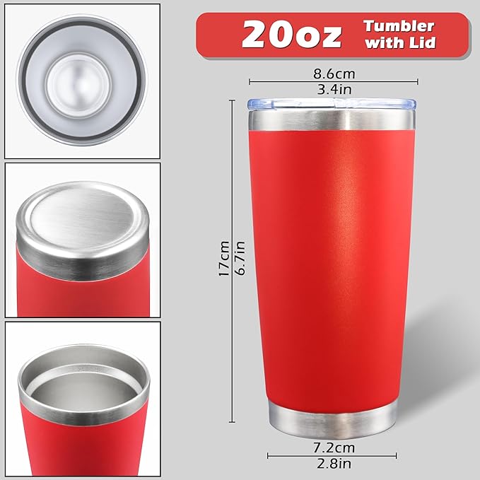 20oz Tumbler Bulk Stainless Steel Tumblers with Lid Vacuum Insulated Double Wall Travel Coffee Mug Powder Coated Tumbler Cup for Hot and Cold Drinks(Red, 6 pack)