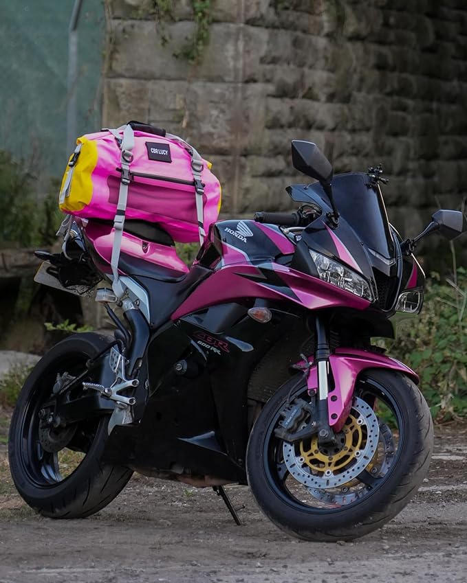 IRON JIA'S Motorcycle Dry Bag - Waterproof Duffle & Luggage Tail Bag Saddle Bags with Roll Top Closure, Shoulder Straps, Inner Pocket and Mesh Pocket (Pink, 50L)
