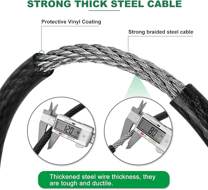 33 ft x 1/2" Heavy Duty Cut-Proof Security Cable | Flexible Vinyl-Coated Braided Steel with Looped Ends | Weatherproof Anti-Theft Locking Cable for Bikes, Gates, Kayaking & Outdoor Equipment