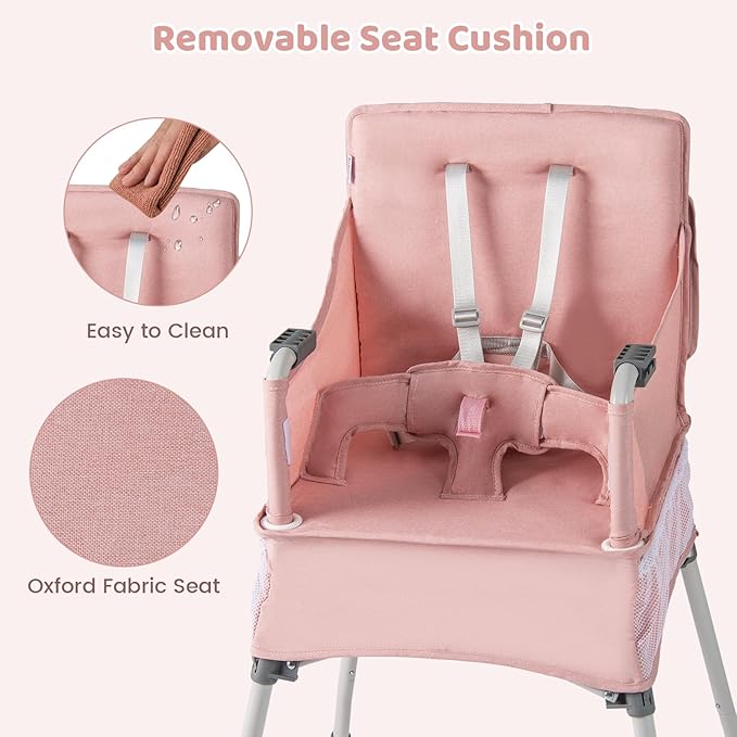 INFANS Baby High Chair, Foldable Portable Highchair for Babies and Toddlers with Travel Bag Adjustable Tray, 5 Point Harness, Compact Space Saver Infant Feeding Chair for Age 6-36 Months (Pink)