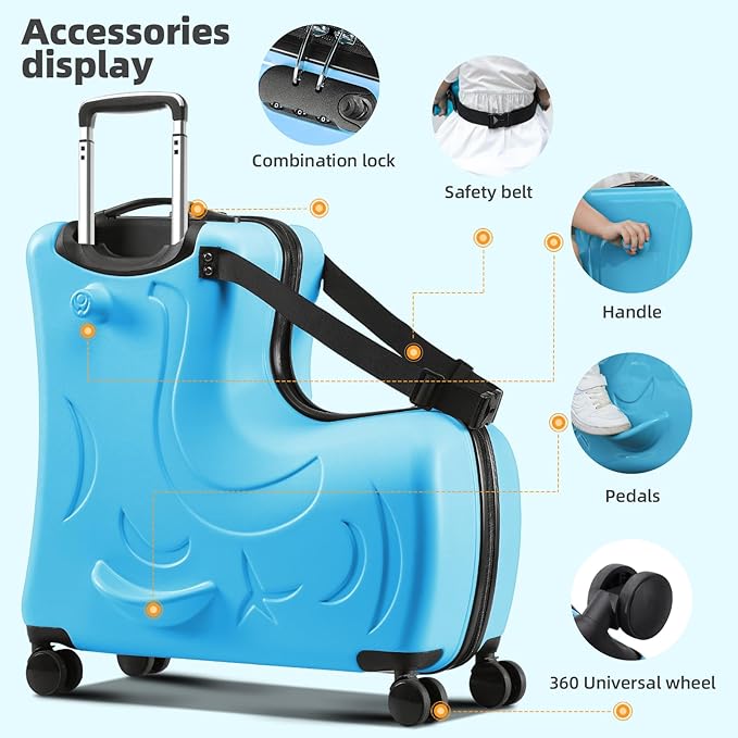 N-A Kids Ride On Suitcase with Wheels, Scooter Luggage for Toddlers Travel, Durable Children's Suitcase for Boys & Girls Ages 2-13 Years