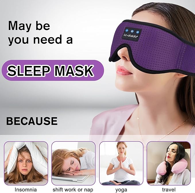 LC-dolida Sleep Headphones, Sleep Mask Bluetooth Wireless Music Eye Mask, Sleeping Headphones for Side Sleepers Sleep Mask with Bluetooth Headphones Ultra-Thin Stereo Speakers Perfect for Sleeping