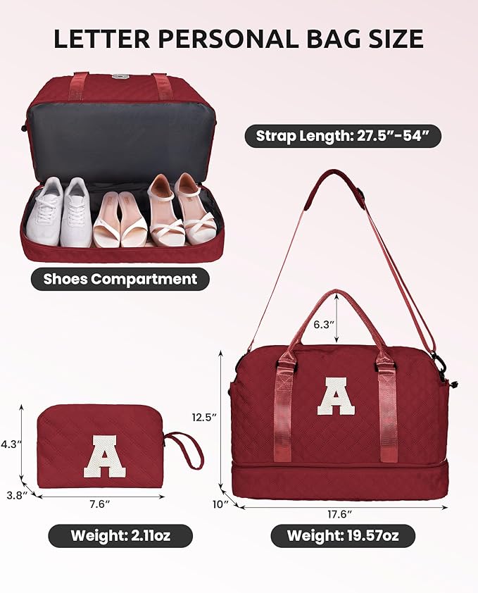 Gifts for Friends - Initial Duffle Bag - Personalized Weekender Bag With Monogram, Shoe Compartment, Travel Bag, Birthday Gift for Daughter or Sister (Letter I)